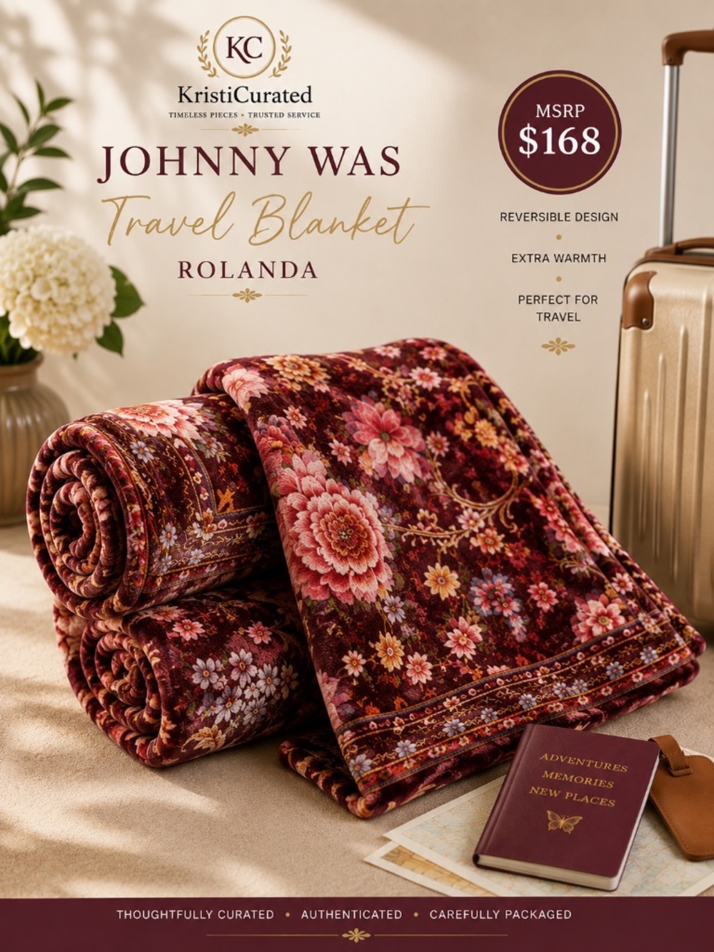 Johnny Was Rolanda Reversible Travel Blanket Floral 68x53 NWT MSRP $168